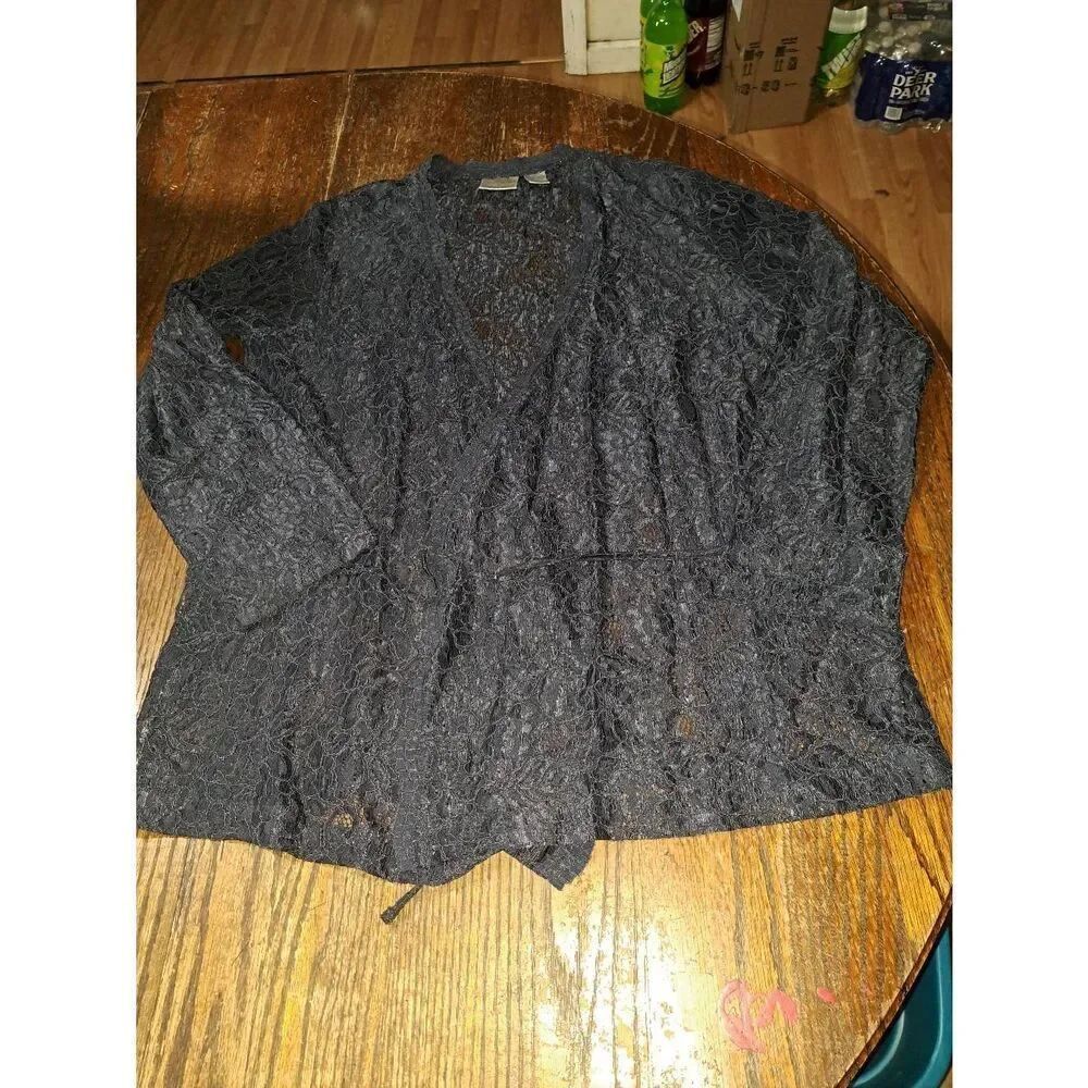 Medium Size 8 Chicos Size 1 Blue Lace Long Sleeve Sheer Lace Blouse Shirt Top